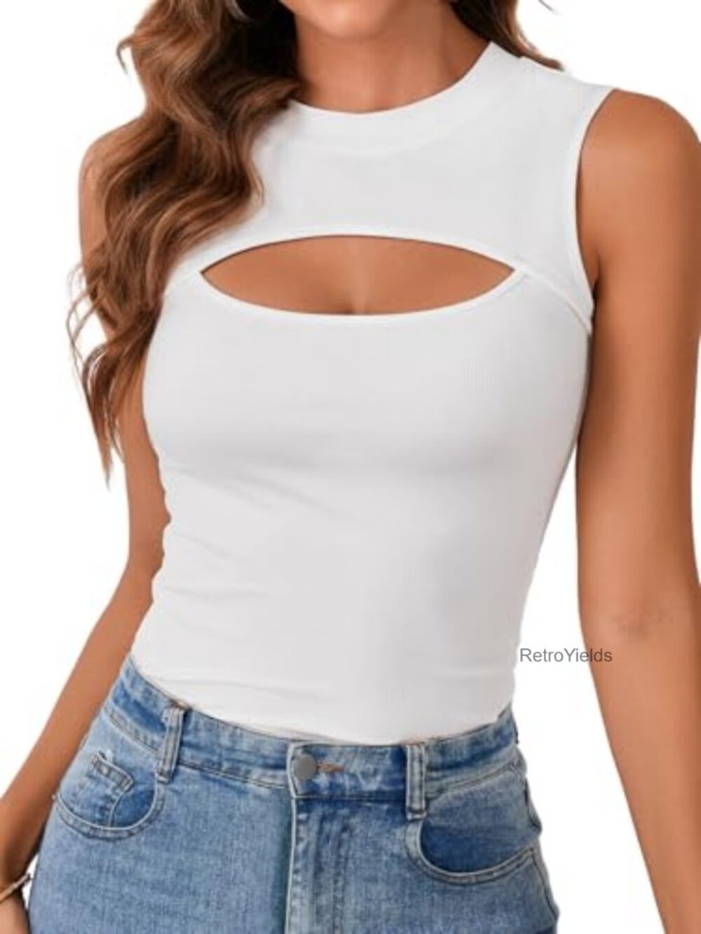 Women's Cut Out Front Crew Neck Tank Top Ribbed Knit Sleeveless